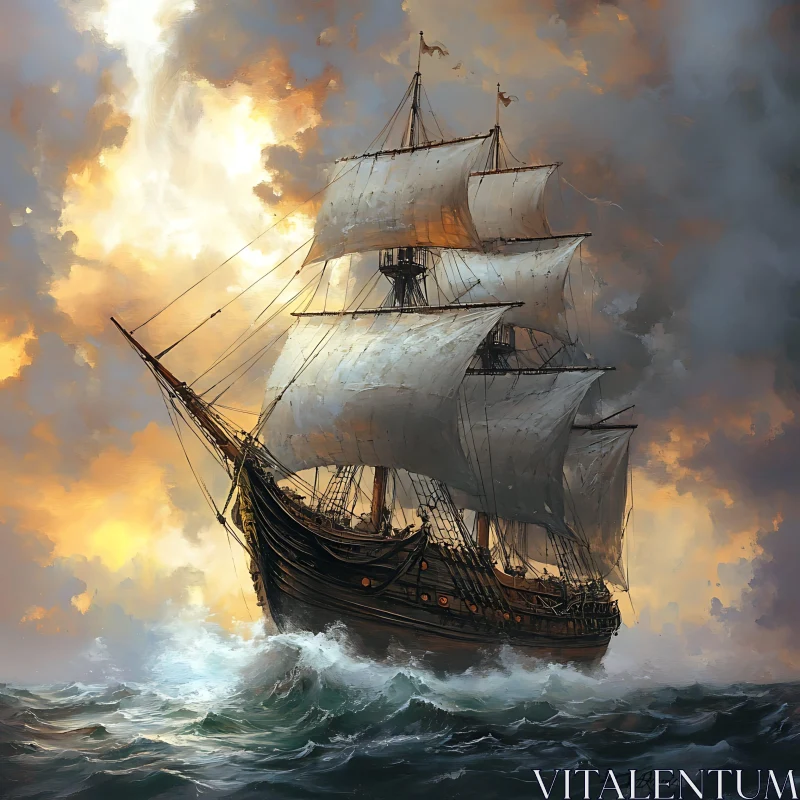 Sailing Ship Navigating Through Waves at Sunset AI Image