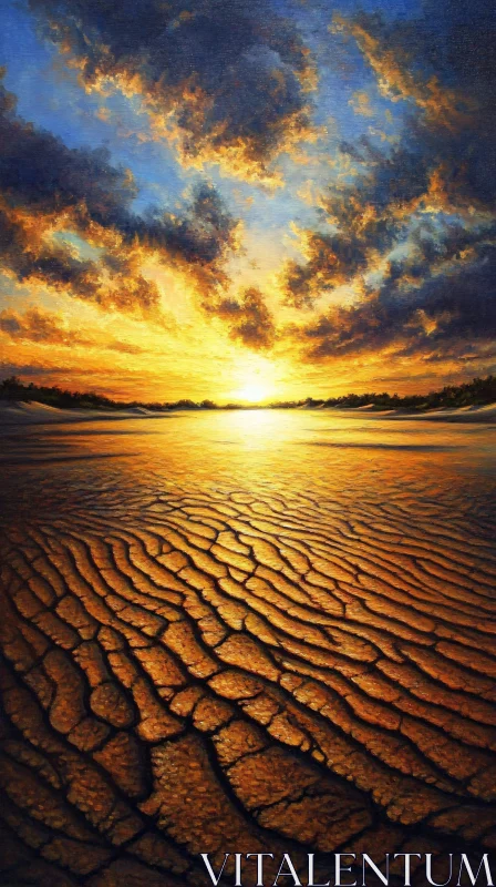 Golden Sunset Landscape with Rippling Ground Patterns AI Image