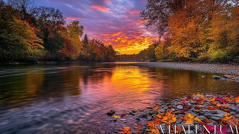 AI ART Autumn River Sunset with Vibrant Foliage