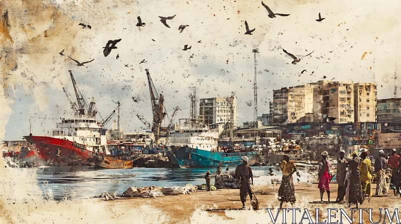 Vivid Harbor Scene with Ships and Urban Life AI Image