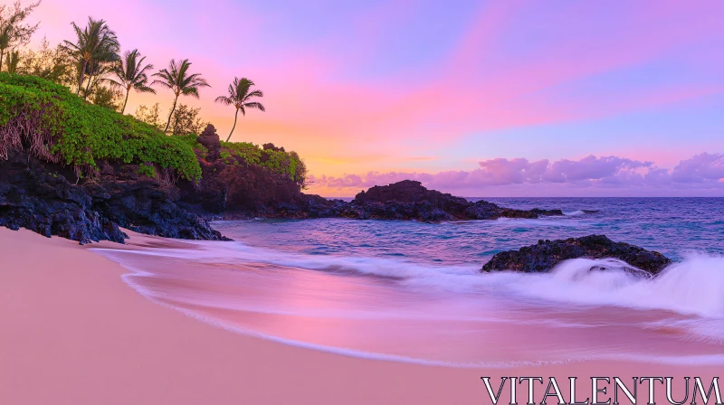 Tropical Beach Sunset with Palm Trees and Ocean Waves AI Image