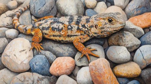 Lizard Resting on Multicolored Rocks