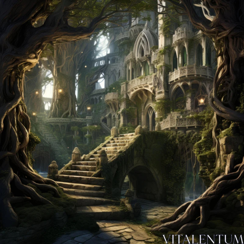 Fantasy Castle in Forest: A Scene of Playful Intricacy and Naturalistic Depth AI Image