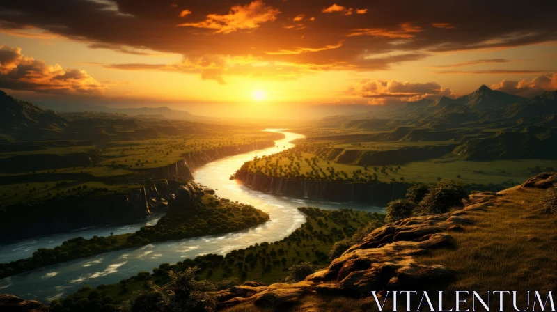 Sunrise over River and Mountains: A Prairiecore Aesthetic AI Image