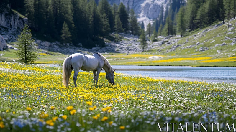 Serene Landscape with Grazing Horse AI Image