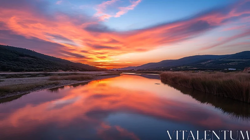 Tranquil Evening River Scene at Sunset AI Image