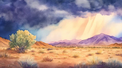 Stormy Sky Over Desert with Bush and Mountains