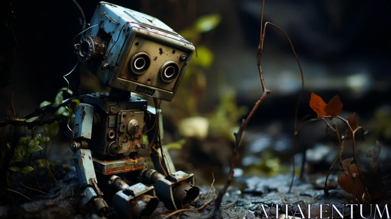 Vintage Robot in the Woods: A Blend of Technology and Nature AI Image