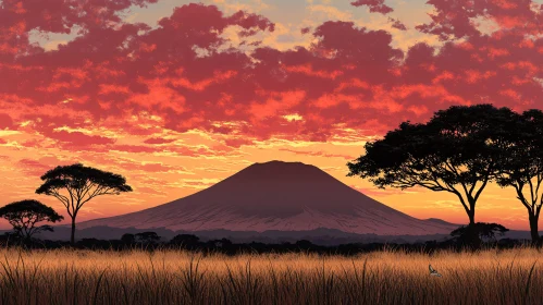 Sunset Mountain View with Savannah Trees