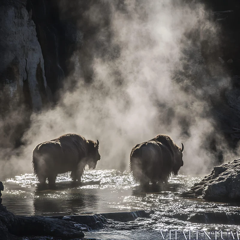 Bison Amidst Rising Mist AI Image