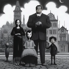 Haunted Family Scene in Grayscale