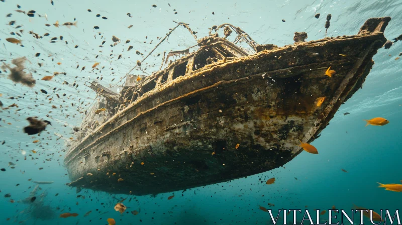 Underwater Shipwreck with Fish and Marine Debris AI Image