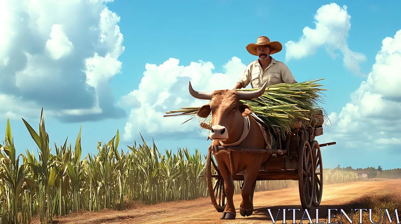 Rural Life with Farmer on Bullock Cart AI Image