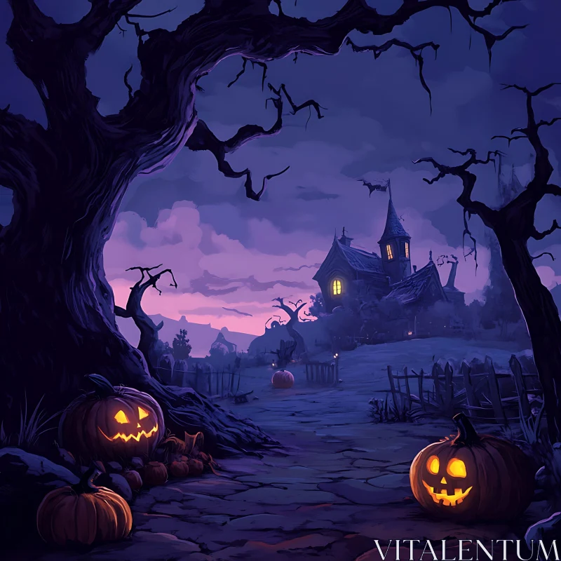 Eerie Halloween Night with Haunted House and Glowing Pumpkins AI Image