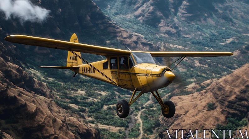 Aerial View of a Yellow Plane Above Rugged Terrain AI Image