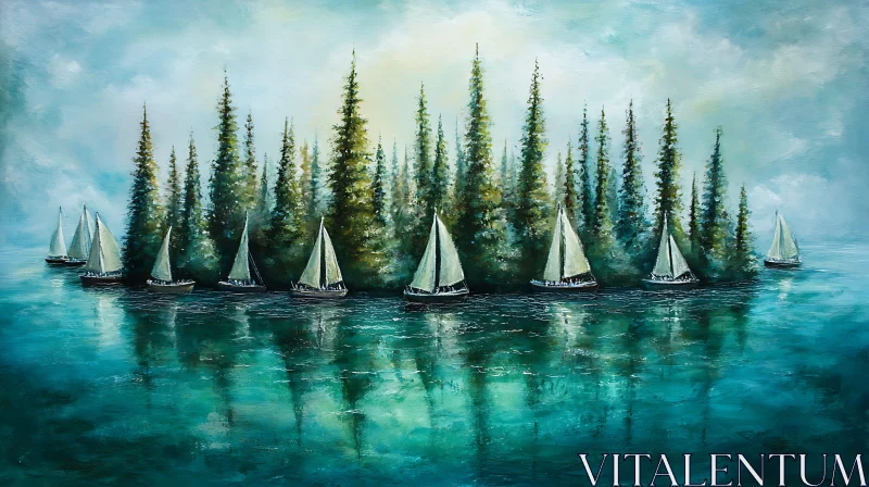 Tranquil Lake with Sailboats and Evergreen Island AI Image