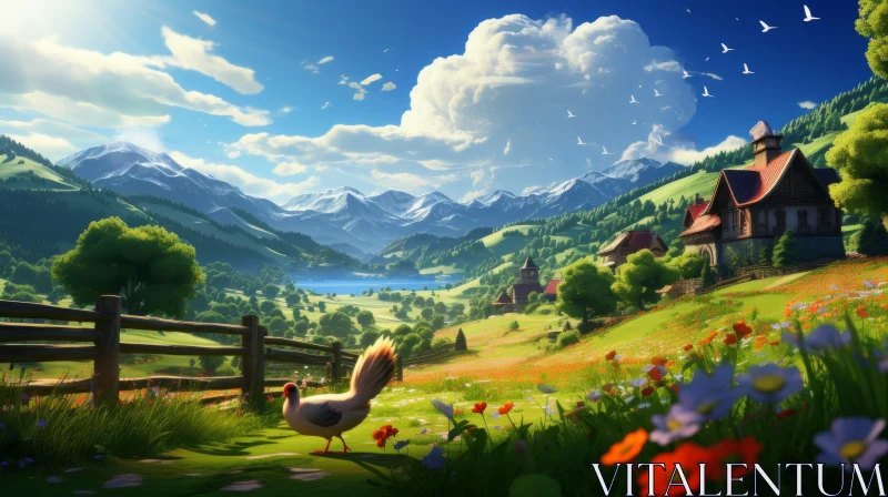 Cartoon Mountain Landscape Wallpaper: Pastoral Countryside Charm AI Image