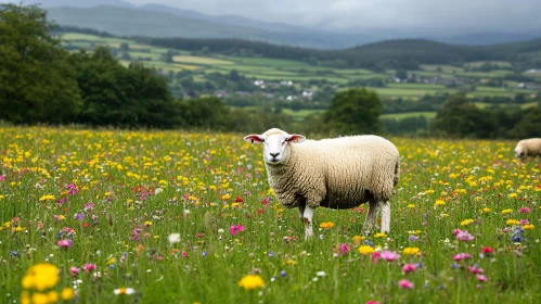 Idyllic Countryside Sheep in Blooming Field