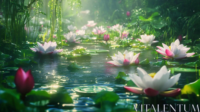 Peaceful Pond with White and Pink Water Lilies AI Image