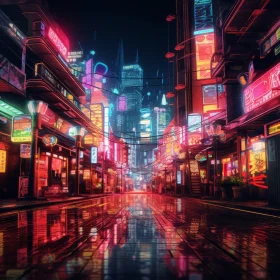 Futuristic City Street Illuminated by Neon Lights