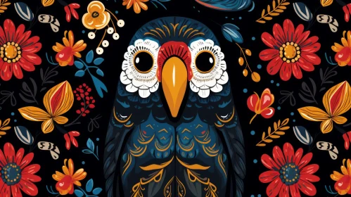 Hand-Drawn Owl Illustration with Colorful Flowers - Folklore Inspired