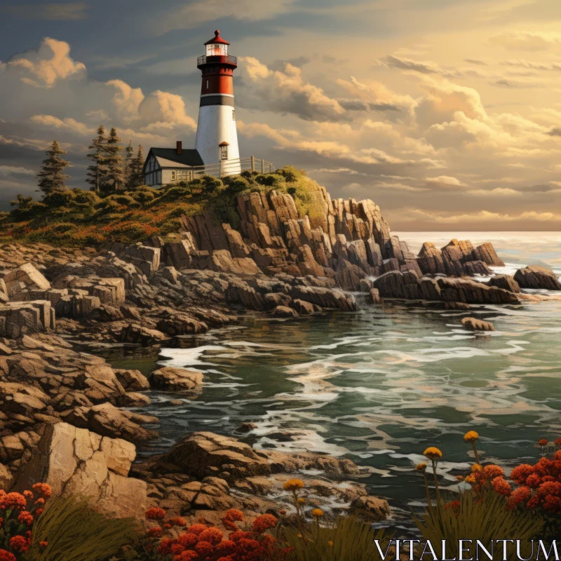 AI ART Lighthouse and Flowers - A Serene American Scene
