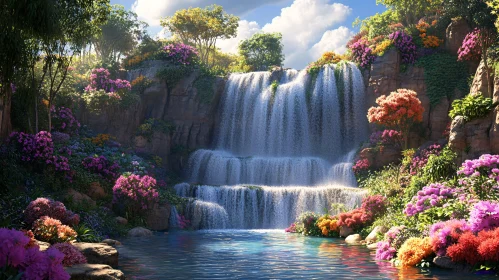 Serene Waterfall with Colorful Flowers