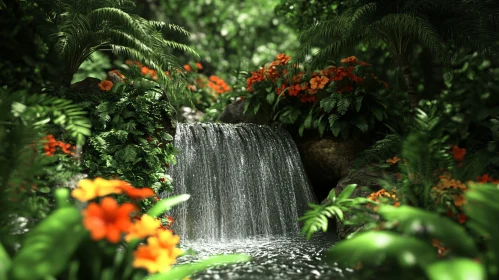 Serene Tropical Waterfall with Orange Flowers and Green Foliage