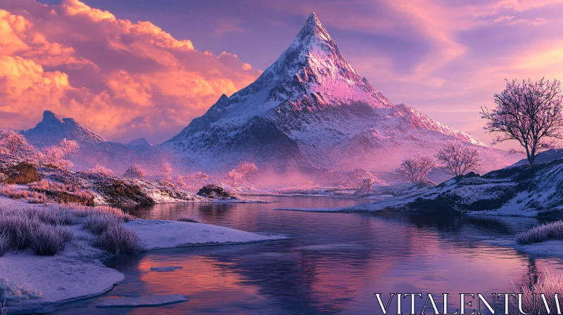 AI ART Snow-Capped Mountain and River at Dusk