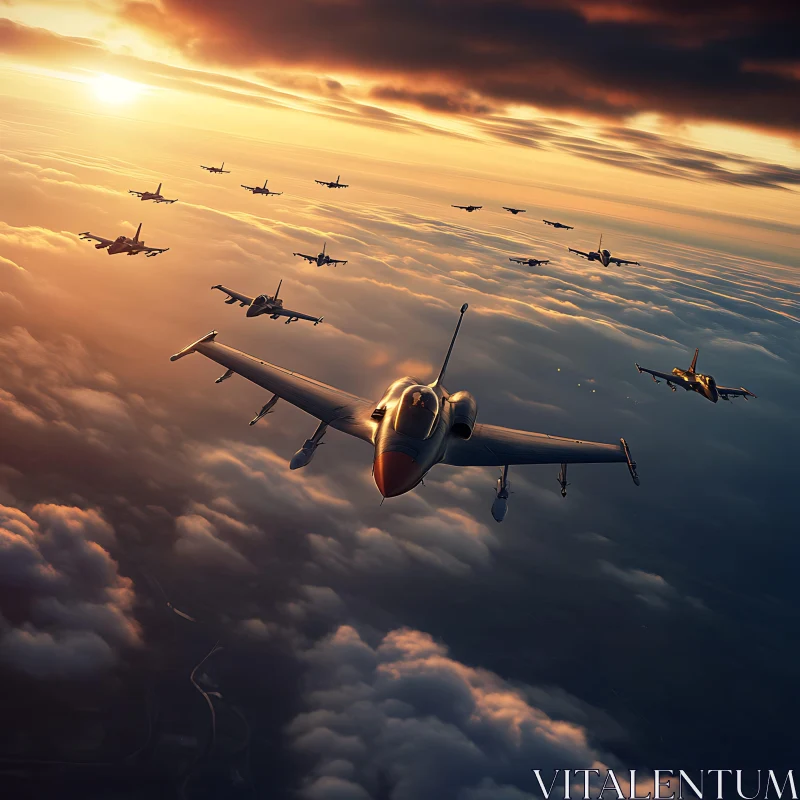 Squadron of Jets Flying at Dusk AI Image