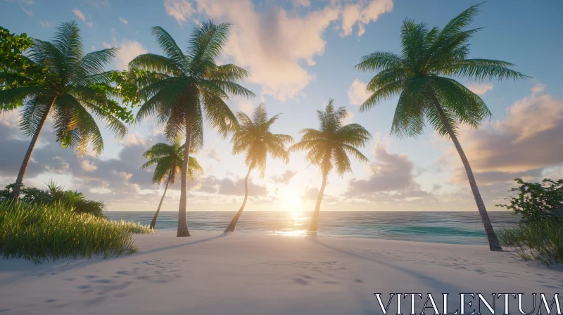 Tropical Island Sunset with Palms and Ocean AI Image