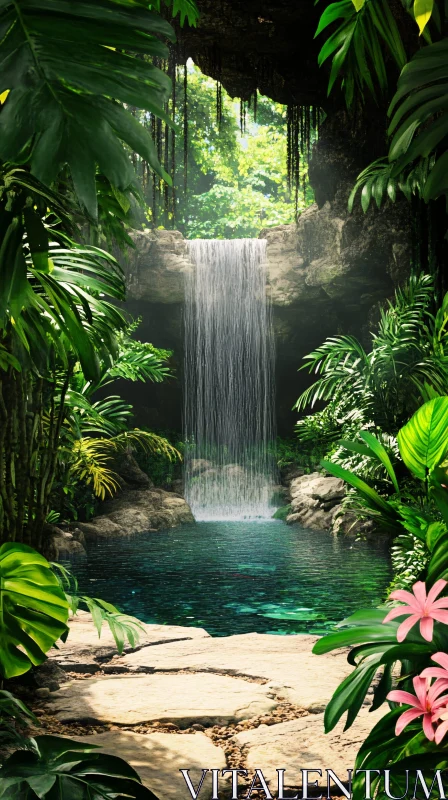 Serene Tropical Scene with Cascading Waterfall AI Image