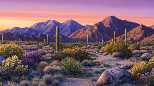 Sunset in the Desert: Mountains and Cacti