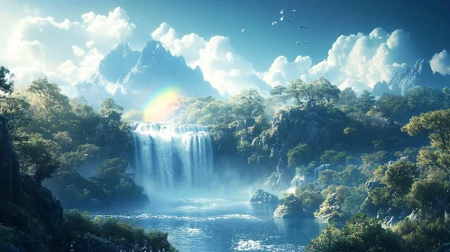 Scenic Waterfall and Mountainscape with Rainbow and Birds