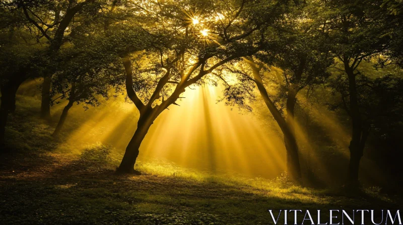 Golden Rays in Forest AI Image