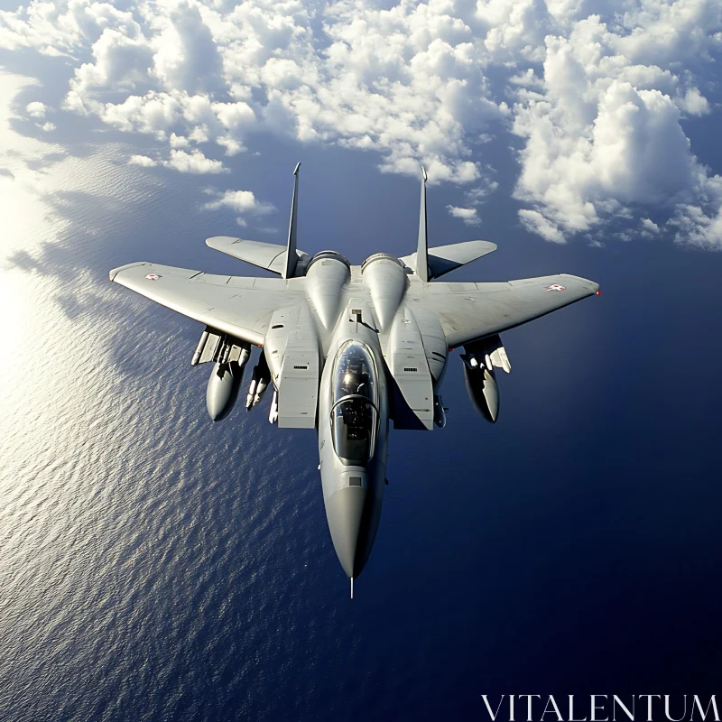 Sleek Military Jet in Flight Above Ocean AI Image