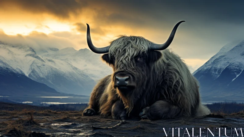 Atmospheric Portrait of Highland Bovine Amidst Majestic Mountains AI Image