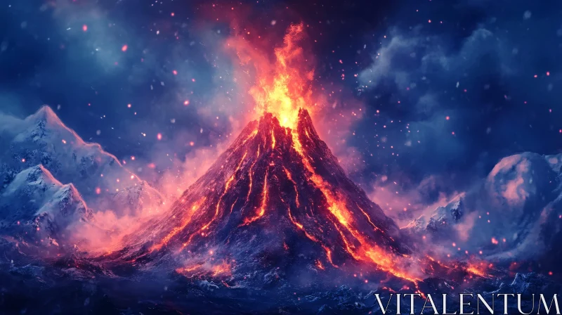 AI ART Volcano Exploding with Lava at Night