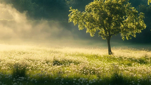 Idyllic Sunlit Meadow with Tree