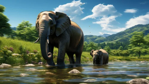 Majestic Elephants Crossing River in Enigmatic Jungle
