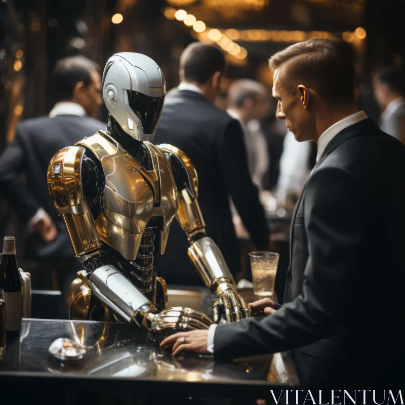 Man Conversing with a Golden Robot in an Elegant Bar AI Image