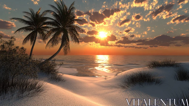 AI ART Picturesque Beach at Sunset with Palm Trees