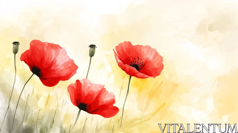 Vivid Red Poppies Art in Soft Pastel Background AI Image