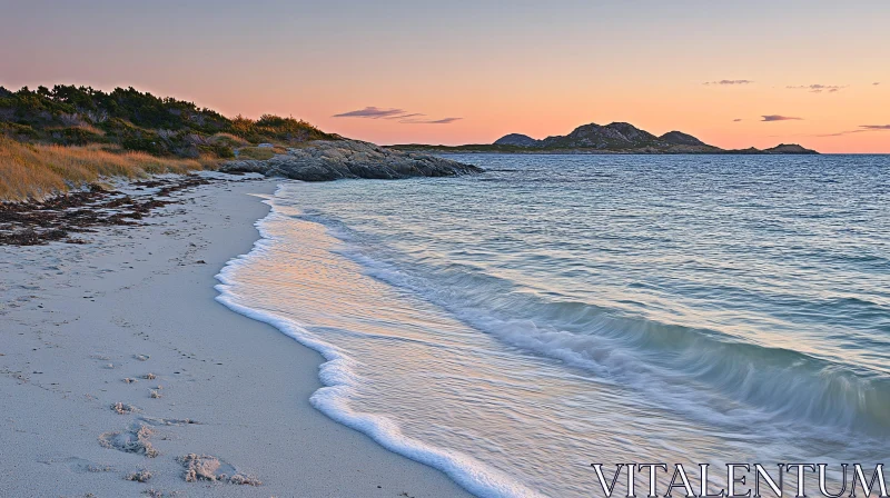 AI ART Tranquil Beach at Sunset with Ocean Waves and Horizon Mountains