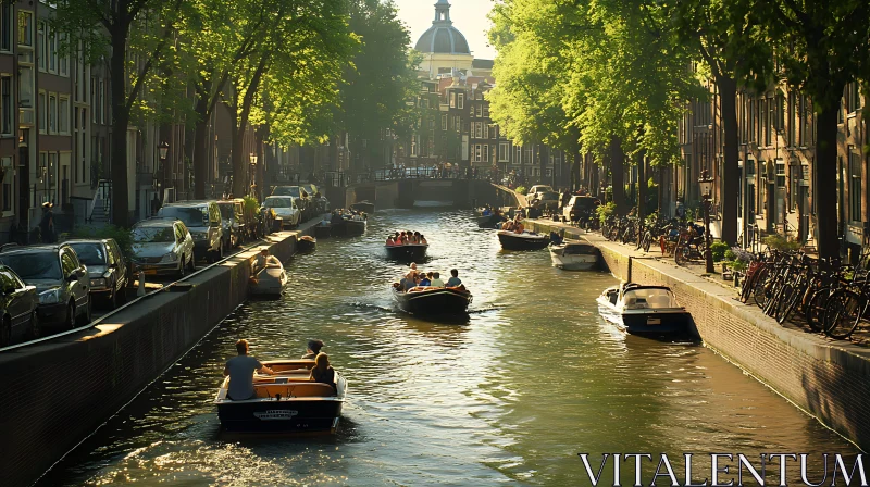 Sunlit Canal Scene with Boats AI Image