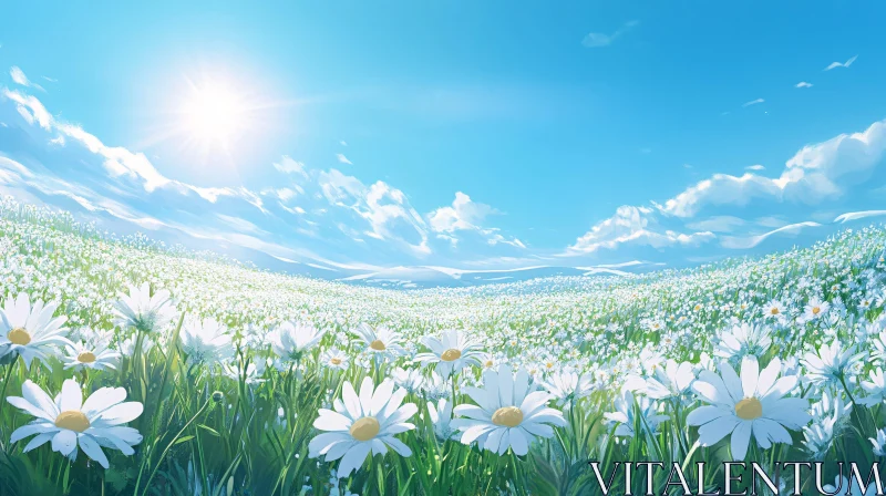 Serene Daisy Field with Clear Blue Sky AI Image