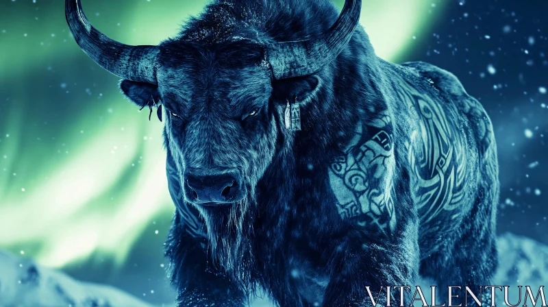 Tattooed Bull in Winter Wonderland AI Image