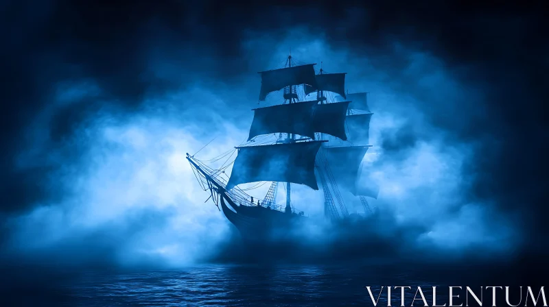 Sailing Ship in Night Fog AI Image