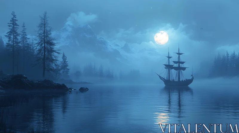 Full Moon Misty Lake with Ship AI Image