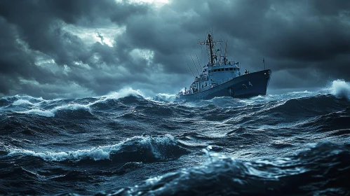 Nautical Scene of a Ship in Rough Ocean